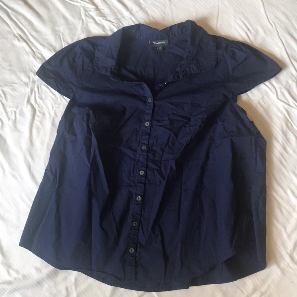 Navy button down top with cap sleeves